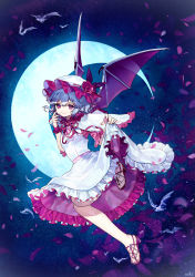 Rule 34 | ainy, bad id, bad pixiv id, bat wings, bird, blue hair, bracelet, crescent moon, dress, finger to mouth, highres, holding leg, jewelry, leg up, moon, night, night sky, remilia scarlet, short hair, sky, solo, star (sky), starry sky, touhou, white dress, wings