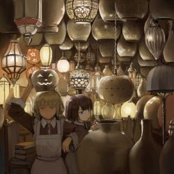 Rule 34 | 2girls, apron, arm up, blonde hair, blue eyes, bob cut, book, book stack, brown dress, brown hair, ceiling light, chain, chair, collared dress, dress, glowing, hanging light, highres, indoors, inspecting, jack-o&#039;-lantern, lamp, lantern, looking ahead, looking at viewer, low twintails, maid, monono fumeme, multiple girls, object on head, original, short hair, smile, too many, twintails, white apron, yellow eyes