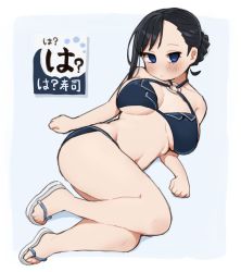 Rule 34 | 1girl, bare shoulders, bikini, black hair, blue eyes, blush, braid, breasts, clenched hand, closed mouth, collarbone, commentary request, flip-flops, full body, grey background, grey bikini, halterneck, highres, ichika (ichika manga), large breasts, legs, long hair, looking at viewer, navel, original, sandals, simple background, solo, stomach, swimsuit, translation request