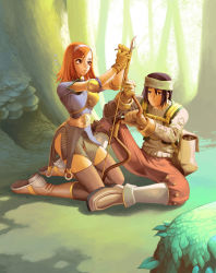 Rule 34 | 1boy, 1girl, archer (ragnarok online), armor, backpack, bag, black eyes, black hair, blue shirt, boobplate, boots, bow (weapon), breastplate, breasts, brown eyes, brown footwear, brown gloves, brown hair, brown shirt, brown thighhighs, closed mouth, day, elbow pads, forest, full body, gloves, green skirt, hair between eyes, highres, holding, holding bow (weapon), holding weapon, kneeling, long sleeves, medium breasts, medium hair, merchant (ragnarok online), mushroom, myung-jin lee, nature, official art, on ground, outdoors, ragnarok online, shirt, short hair, short sleeves, sitting, skirt, sweatdrop, swept bangs, thighhighs, tying, weapon