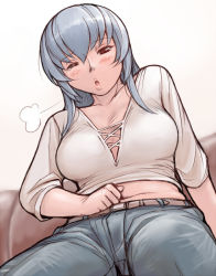 Rule 34 | 00s, 1girl, breasts, denim, jeans, large breasts, midriff, aged up, one eye closed, pants, rozen maiden, silver hair, solo, suigintou, tsuda nanafushi, wink