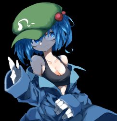 Rule 34 | 1girl, bare shoulders, black background, black tank top, blue eyes, blue hair, blue jacket, breasts, cleavage, commentary, flat cap, gloves, green hat, hair bobbles, hair ornament, hat, highres, jacket, jeffree07, kawashiro nitori, long sleeves, looking at viewer, midriff peek, off shoulder, shade, short hair, solo, tank top, touhou, upper body, white gloves