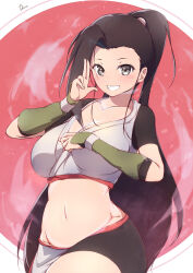 Rule 34 | 1girl, aged up, black hair, black shorts, breasts, brown eyes, cleavage, commentary request, crop top, dermar, fingerless gloves, gloves, green gloves, high ponytail, highres, kunoichi tsubaki no mune no uchi, large breasts, long hair, midriff, navel, ninja, pelvic curtain, revision, short sleeves, shorts, solo, tsubaki (kunoichi tsubaki no mune no uchi)