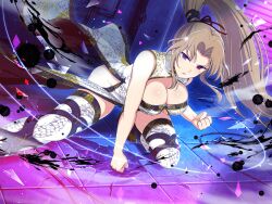 Rule 34 | 1girl, blonde hair, breasts, cable, china dress, chinese clothes, cleavage, crack, cracked floor, cracked wall, daidouji (senran kagura), dress, hair ribbon, highres, industrial pipe, inkblot, large breasts, long hair, looking at viewer, mole, mole under eye, no panties, official alternate costume, official alternate hairstyle, official art, ponytail, purple eyes, red ribbon, ribbon, senran kagura, senran kagura new link, senran kagura shoujo-tachi no shin&#039;ei, solo, strong, thighhighs, white thighhighs, yaegashi nan