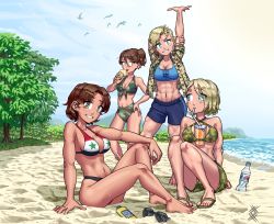 Rule 34 | 4girls, abs, absurdres, arm behind head, arm support, arm up, asymmetrical hair, barefoot, beach, between breasts, bikini, blonde hair, blue bra, blue eyes, blue male swimwear, blue swim trunks, blush, bottle, bra, breasts, brown eyes, brown hair, brown jacket, bundeswehr, camouflage, camouflage bikini, camouflage jacket, camouflage male swimwear, cleavage, collarbone, cup, day, drinking straw, drinking straw in mouth, earrings, eyes visible through hair, unworn eyewear, female focus, flag bikini, flag print, flip-flops, food, food between breasts, from side, front-tie bikini top, front-tie top, full body, german flag, green bikini, green footwear, green male swimwear, green swim trunks, grin, hair between eyes, hair ornament, hair over eyes, hairclip, halter top bikini, halterneck, hand on own hip, highres, holding, holding food, holding ice cream, ice cream, ice cream cone, jacket, jewelry, large breasts, licking, logo, looking at another, looking at viewer, looking to the side, lotion, male swimwear, midriff, mouth hold, multicolored bikini, multicolored clothes, multiple girls, muscular, muscular female, navel, open clothes, open jacket, original, ostwindprojekt, outdoors, print bikini, print bra, print jacket, print male swimwear, print swim trunks, sand, sandals, shoes, short hair, sidecut, single hair intake, sitting, sleeves pushed up, smile, sports bra, standing, star (symbol), stretching, sunglasses, sunglasses removed, sunscreen, sweat, swim trunks, swimsuit, syrian flag, tan, teeth, toes, tongue, tongue out, tree, undercut, underwear, water, water bottle