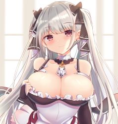 Rule 34 | 1girl, azur lane, bare shoulders, between breasts, black bow, blush, bow, breasts, cleavage, closed mouth, commentary request, corset, detached collar, earrings, formidable (azur lane), frills, hair bow, hand on own chest, highres, jewelry, large breasts, long hair, long sleeves, looking at viewer, purple eyes, silver hair, sleeves past wrists, smile, solo, stud earrings, twintails, two-tone background, upper body, very long hair, yuu ms1974