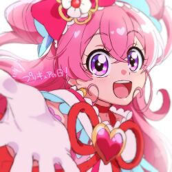 Rule 34 | 1girl, cure precious, delicious party precure, dress, flower, gloves, hair flower, hair ornament, heart, heart-shaped pupils, highres, holding hands, nagomi yui, pink dress, pink hair, pink skirt, precure, purple eyes, red ribbon, ribbon, skirt, symbol-shaped pupils, twintails, yufu kyouko