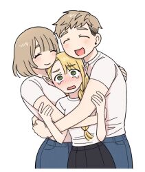 Rule 34 | 1boy, 2girls, 6rdv, absurdres, asymmetrical bangs, blonde hair, blush, braid, breasts, brother and sister, dungeon meshi, elf, facing viewer, falin touden, falin touden (tallman), green eyes, group hug, hair over shoulder, hand on another&#039;s arm, hand on another&#039;s back, hands up, height difference, highres, hug, korean commentary, laios touden, large breasts, light brown hair, long hair, looking at viewer, marcille donato, matching outfits, multiple girls, nose blush, pointy ears, sandwiched, shirt, short hair, siblings, simple background, t-shirt, upper body, white background, white shirt
