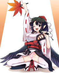 Rule 34 | 1girl, ;d, alternate costume, arm up, black hair, black wings, blush, breasts, cellphone, commentary request, feathered wings, geta, gluteal fold, hand fan, hat, highres, holding, holding fan, holding microphone, kourindou tengu costume, large breasts, leaf fan, long sleeves, looking at viewer, microphone, nail polish, obi, one eye closed, open mouth, orange background, orange nails, panties, pelvic curtain, phone, pink panties, pointy ears, pom pom (clothes), red eyes, red footwear, red hair, red neckwear, red sash, ribbon, ribbon-trimmed sleeves, ribbon trim, sash, shadow, shameimaru aya, short hair, sidelocks, smile, solo, spread legs, sweat, tada no nasu, tassel, tengu-geta, thighhighs, thighs, tokin hat, touhou, two-tone background, underwear, white background, white thighhighs, wide sleeves, wings
