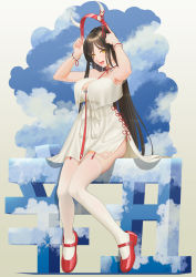 Rule 34 | 1girl, 2021, absurdres, armpits, arms up, ass, between breasts, black hair, blouse, blush, breasts, chinese new year, choker, cleavage, cloud, cloudy sky, darkmuleth, demon horns, dress, fake horns, garter straps, gradient background, happy, unworn headband, highres, horns, large breasts, long hair, looking at viewer, mary janes, open mouth, original, red footwear, red garter straps, see-through, shirt, shoes, short dress, simple background, sitting, skindentation, sky, solo, straight hair, strapless, strapless dress, thighhighs, thighs, tongue, very long hair, white dress, white shirt, white thighhighs, wristband, yellow eyes