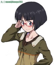 Rule 34 | 10s, 1girl, adjusting eyewear, artist name, bespectacled, black eyes, black hair, blunt bangs, blush, bob cut, brown shirt, casual, closed mouth, commentary, frown, girls und panzer, glasses, kayabakoro, long sleeves, looking at viewer, one-hour drawing challenge, shirt, short hair, simple background, sketch, solo, sono midoriko, standing, twitter username, upper body, white background