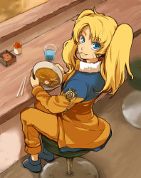 Rule 34 | 1girl, bad id, bad pixiv id, blonde hair, blue eyes, blue jacket, bowl, chopsticks, counter, cup, drinking glass, eating, facial mark, facing viewer, food, food in mouth, full body, fushitasu, genderswap, genderswap (mtf), glass, happy, jacket, kamaboko, long hair, long sleeves, looking at viewer, looking back, looking up, multicolored clothes, multicolored jacket, naruko (naruto), naruto, naruto (series), narutomaki, noodles, open clothes, open jacket, orange jacket, orange pants, pants, ramen, sandals, shadow, sitting, smile, solo, soup, stool, twintails, uzumaki naruto, water, whisker markings, whiskers, white jacket