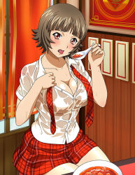 Rule 34 | 1girl, blunt bangs, blush, breasts, brown eyes, brown hair, chouhi ekitoku, cleavage, collarbone, collared shirt, dress shirt, eating, fang, food, holding, holding spoon, ikkitousen, indoors, large breasts, looking at viewer, mapo tofu, miniskirt, necktie, open clothes, open mouth, open shirt, plaid, plaid necktie, plaid skirt, red necktie, red skirt, shirt, short hair, short sleeves, sitting, skirt, solo, spoon, tongue, tongue out, wet, wet clothes, wet shirt, white shirt, wing collar