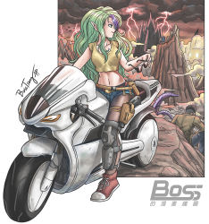 Rule 34 | bosstseng, breasts, cameo, cloud, creatures (company), crop top, unworn eyewear, game freak, gen 1 pokemon, green hair, gun, handgun, holster, lightning, medium breasts, midriff, misery (outer zone), motor vehicle, motorcycle, mountain, multicolored hair, navel, nintendo, outer zone, pantyhose, pikachu, pointy ears, pokemon, pouch, purple hair, shin guards, shoes, short shorts, shorts, signature, smile, sneakers, sunglasses, tentacles, two-tone hair, watermark, weapon