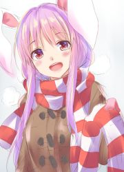 Rule 34 | 1girl, animal ears, blush, breasts, breath, brown jacket, commentary request, enpera, gloves, gradient background, grey background, hair between eyes, hand up, head tilt, hisae (hisae collect), holding, holding clothes, holding scarf, jacket, large breasts, long hair, long sleeves, looking at viewer, open mouth, pink gloves, purple hair, rabbit ears, red eyes, red scarf, reisen udongein inaba, scarf, sidelocks, sketch, smile, solo, striped clothes, striped scarf, touhou, unfinished, upper body, white scarf