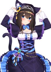 Rule 34 | 1girl, absurdres, animal ear fluff, animal ears, animal hood, black hair, blue bow, blue capelet, blue dress, blue eyes, blush, bow, bowtie, breasts, brooch, capelet, cat ears, cat hood, cat tail, chain, cleavage, closed mouth, crescent, crescent pin, cross-laced clothes, diadem, dress, frills, go-1, hair between eyes, halloween costume, hands up, highres, hood, hooded capelet, idolmaster, idolmaster cinderella girls, jewelry, large breasts, long hair, long sleeves, looking at viewer, sagisawa fumika, simple background, smile, solo, spider web print, tail, underbust