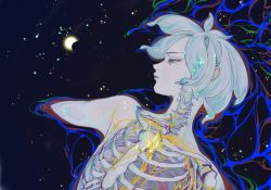 Rule 34 | 1other, afloat, aqua hair, bone, caustics, crescent moon, eclipse, eyelashes, gold, highres, houseki no kuni, light particles, liquid, looking away, moon, night, night sky, nude, other focus, parted lips, partially submerged, phosphophyllite, profile, quanxiahanyan, short hair, sky, solo, star (sky), upper body, water, x-ray
