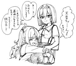 Rule 34 | 2girls, :d, ^ ^, arm around waist, bob cut, closed eyes, closed mouth, commentary, flower, hair between eyes, hair flower, hair ornament, headpat, hug, kohibari kurumi, long hair, long sleeves, looking at another, monochrome, multiple girls, open mouth, school uniform, shirt, short hair, short sleeves, simple background, sitting, sketch, skirt, smile, sound effects, speech bubble, split mouth, suspender skirt, suspenders, sweatdrop, tanikaze amane, tenshi souzou re-boot!, tft (tft7822), thigh strap, thighhighs, translated, twintails, white background, zettai ryouiki