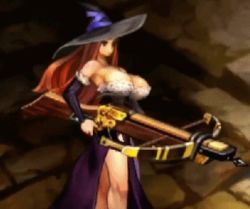 Rule 34 | 1girl, animated, animated gif, attack, bare legs, bare shoulders, bouncing breasts, bow (weapon), breasts, brown hair, cleavage, crossbow, curvy, detached sleeves, dragon&#039;s crown, dress, female focus, hat, holding, holding weapon, huge breasts, long hair, lowres, outdoors, side slit, skirt, solo, witch, sorceress (dragon&#039;s crown), standing, sword, thighs, vanillaware, weapon, wide hips, witch hat