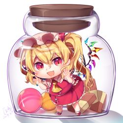 Rule 34 | 1girl, :d, against glass, ankle socks, arms up, ascot, blonde hair, bottle, candy, checkerboard cookie, chibi, commentary request, cookie, dated, flandre scarlet, food, frilled shirt collar, frilled skirt, frills, gunjou row, hair between eyes, hat, hat ribbon, in bottle, in container, leaning to the side, looking at viewer, mary janes, mob cap, open mouth, pink hat, pink shirt, puffy short sleeves, puffy sleeves, red eyes, red footwear, red skirt, red vest, ribbon, shadow, shirt, shoes, short hair, short sleeves, side ponytail, signature, simple background, skirt, slit pupils, smile, socks, solo, standing, touhou, vest, white background, white socks, wings, yellow ascot