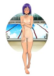 Rule 34 | 1girl, bar censor, barefoot, blurry, blush, bob cut, breasts, censored, cleft of venus, day, depth of field, embarrassed, feet, female pubic hair, full body, guglielmo, hair between eyes, hair ornament, hairclip, half-closed eyes, hand on own thigh, highres, nipples, nude, one-piece tan, open mouth, original, outdoors, outside border, parted bangs, pool, poolside, pubic hair, purple hair, pussy, red eyes, reflection, school swimsuit, short hair, small breasts, solo, sparkle, sparse pubic hair, swept bangs, swimsuit, tan, tanline, tears, toes, walking