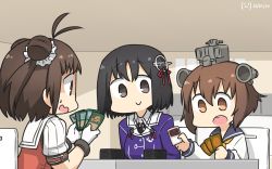 Rule 34 | 3girls, antenna hair, black hair, brown eyes, brown hair, card, card (medium), chair, commentary request, dated, dining room, double bun, dress, gloves, haguro (kancolle), hair bun, hair ornament, hamu koutarou, headgear, headset, highres, indoors, kantai collection, leaning forward, looking at another, looking down, magic: the gathering, multiple girls, naka (kancolle), neckerchief, one-hour drawing challenge, open mouth, sailor dress, school uniform, serafuku, shaded face, short hair, signature, sitting, speaking tube headset, sweatdrop, table, wavy mouth, white gloves, yellow neckerchief, yukikaze (kancolle)
