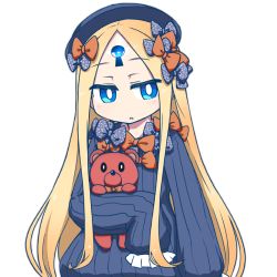 Rule 34 | 1girl, :o, abigail williams (fate), black bow, black dress, black hat, blonde hair, blue eyes, blush, bow, bug, butterfly, commentary request, dress, fate/grand order, fate (series), glowing, hair bow, hat, hugging object, insect, jitome, long hair, long sleeves, looking at viewer, nanatsume, orange bow, parted bangs, parted lips, polka dot, polka dot bow, simple background, sleeves past fingers, sleeves past wrists, solo, stuffed animal, stuffed toy, teddy bear, upper body, very long hair, white background