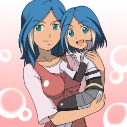 Rule 34 | 2girls, blue eyes, blue hair, breasts, inazuma eleven, inazuma eleven (series), long hair, mother and daughter, multicolored hair, multiple girls, open mouth, short hair, smile, takaya n, two-tone hair, urubida