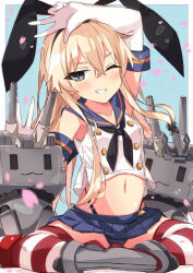 1girl anchor_hair_ornament arm_up beritabo black_hairband black_neckerchief black_panties blonde_hair blue_sailor_collar blue_skirt breasts elbow_gloves gloves grey_eyes hair_ornament hairband highleg highleg_panties highres horizontal-striped_thighhighs kantai_collection long_hair looking_at_viewer microskirt navel neckerchief one_eye_closed panties pleated_skirt rensouhou-chan sailor_collar shimakaze_(kancolle) sitting skirt small_breasts smile striped_clothes striped_thighhighs thighhighs thong underwear very_long_hair white_gloves