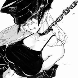 Rule 34 | 1girl, arknights, bare shoulders, bdsm, breasts, buckle, chain, chained, cleavage, clenched teeth, collar, collarbone, dragon horns, eyes visible through hair, greyscale, hair over one eye, hat, horns, large breasts, leash, looking at viewer, monochrome, navel, off shoulder, official alternate costume, open clothes, parted lips, peaked cap, saria (arknights), saria (the law) (arknights), scowl, simple background, slave, solo, su-85 (su 85), teeth, upper body, v-shaped eyebrows, white background