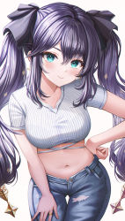 1girl black_ribbon blue_eyes blue_pants blush breasts closed_mouth cowboy_shot crop_top earrings genshin_impact hair_between_eyes hair_ribbon hand_on_own_hip hand_on_own_thigh highres jewelry large_breasts long_hair looking_at_viewer mona_(genshin_impact) navel pants purple_hair ribbon ring shirt short_sleeves simple_background smile solo standing stomach thigh_gap torn_clothes torn_pants twintails very_long_hair white_background white_shirt wol_(wol_927)