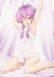 Rule 34 | 1girl, ;o, ahoge, armpits, arms up, bare legs, barefoot, bed sheet, blush, commentary request, curtains, indoors, looking at viewer, no pants, on bed, one eye closed, open mouth, purple eyes, purple hair, shirt, short hair with long locks, short sleeves, sidelocks, sitting, solo, stretching, vocaloid, voiceroid, waking up, wariza, white shirt, yarareimu, yawning, yuzuki yukari