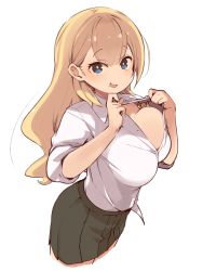 Rule 34 | 1girl, black skirt, blonde hair, blush, breasts, collared shirt, commentary request, cropped legs, dress shirt, hair between eyes, hamster, highres, jacket, large breasts, long hair, looking at viewer, mole, mole under mouth, mota, open clothes, open jacket, open mouth, open shirt, original, shirt, simple background, skirt, smile, solo, standing, white background, white shirt, wing collar