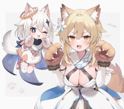 Rule 34 | 2girls, :d, animal ear fluff, animal ears, bare shoulders, blonde hair, breasts, brown gloves, cleavage, commentary request, dress, genshin impact, gloves, grey background, hair between eyes, kemonomimi mode, large breasts, looking at viewer, lumine (genshin impact), multiple girls, muryotaro, open mouth, paimon (genshin impact), purple eyes, sleeveless, sleeveless dress, smile, tail, upper body, white dress, white hair, wolf ears, wolf tail