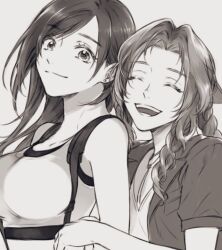 Rule 34 | 2girls, 3wa tari, aerith gainsborough, bare shoulders, black bra, bra, braid, braided ponytail, breasts, choker, closed eyes, collarbone, commentary, crop top, earrings, english commentary, final fantasy, final fantasy vii, final fantasy vii remake, flower choker, greyscale, hair ribbon, jewelry, large breasts, long hair, looking at viewer, monochrome, multiple girls, open mouth, parted bangs, ribbon, shirt, short sleeves, sidelocks, single braid, sleeveless, sleeveless shirt, smile, sports bra, swept bangs, tifa lockhart, underwear, upper body, wavy hair, white shirt
