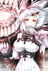 Rule 34 | 10s, 1girl, abyssal ship, albino, baretto, baretto (firearms 1), breasts, chestnut mouth, claws, dress, energy, highres, horns, kantai collection, large breasts, long hair, looking at viewer, open mouth, outstretched arm, pale skin, red eyes, ribbed dress, ribbed sweater, seaport princess, solo, sweater, sweater dress, tears, upper body, white hair