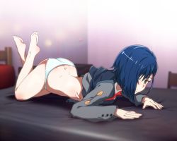 Rule 34 | 10s, 1girl, all fours, ass, bare legs, barefoot, bed, bedroom, bent over, blue hair, blurry, butt crack, closed mouth, commentary, darling in the franxx, depth of field, dimples of venus, feet, green eyes, hair ornament, hair over one eye, hairclip, ichigo (darling in the franxx), long sleeves, lying, necktie, no pants, on bed, on stomach, panties, sbel02, school uniform, short hair, solo, the pose, underwear, white panties