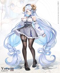 Rule 34 | 1girl, alice vu, animal ears, bare shoulders, black footwear, black pantyhose, blue bow, blue eyes, blue hair, blue nails, bow, braid, commentary, commission, contrapposto, detached sleeves, ear piercing, frilled skirt, frilled sleeves, frills, full body, garter straps, goat ears, goat girl, goat horns, hair bow, hair ornament, halterneck, hand on own chest, heart o-ring, highres, horns, layered skirt, light blue hair, long hair, long sleeves, looking at viewer, low twin braids, mary janes, o-ring, o-ring thigh strap, original, pantyhose, parted bangs, parted lips, piercing, pointy ears, puffy long sleeves, puffy sleeves, round eyewear, shadow, shoes, sidelocks, single braid, skirt, standing, symbol-only commentary, thigh strap, twin braids, twintails, very long hair, x hair ornament, zoom layer