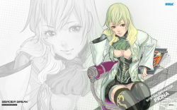 Rule 34 | 1girl, aqua eyes, ascot, black skirt, blonde hair, border break, breasts, bridal gauntlets, chain, chair, character name, cleavage, clipboard, closed mouth, company name, copyright name, english text, fiona (border break), gradient hair, green eyes, green hair, grey background, grey thighhighs, hair over shoulder, halftone, halftone background, hand in own hair, hand on own cheek, hand on own face, hand up, head rest, highres, holding, jacket, kazama raita, lace, large breasts, legs together, light smile, lips, lock, logo, long hair, long sleeves, looking at viewer, matching hair/eyes, miniskirt, multicolored hair, no bra, official art, official wallpaper, open clothes, open jacket, padlock, paper, pencil skirt, sega, sitting, skirt, smile, solo, thighhighs, transparent, wallpaper, watermark, web address, white jacket, wide sleeves, zettai ryouiki, zoom layer