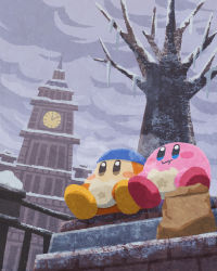 Rule 34 | bag, bandana waddle dee, bare tree, brown bag, building, clock, cloud, cloudy sky, eating, food, highres, holding, holding food, icicle, kirby, kirby (series), miclot, nintendo, no humans, outdoors, paper bag, scenery, sitting, sky, snow, tree, waddle dee