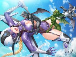 Rule 34 | 1girl, 3boys, armor, blonde hair, blue eyes, boots, braid, breasts, curvy, demon, demon wings, forced, full body, gloves, grabbing, helmet, horns, karina cochrane, leotard, licking, lilith-soft, long hair, moaning, multiple boys, open mouth, oral, pussy juice, rape, sex, sweat, taimanin (series), taimanin rpgx, thighhighs, very long hair, wings, zol