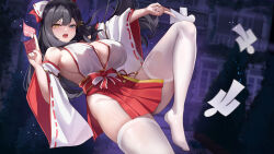 1girl armpit_crease armpits artist_request bare_hips bare_shoulders bell between_fingers black_hair blue_eyes bow breasts cleavage cleavage_cutout clothing_cutout detached_sleeves exorcist_onmyoji floating furisode_sleeves game_cg groin hair_bow heterochromia highres holding japanese_clothes katashiro_(shinto) kimono large_breasts levitation long_hair miko no_shoes nontraditional_miko ofuda ofuda_between_fingers paper_doll pelvic_curtain serious shiny_skin sideboob skindentation teeth thighhighs thighs very_long_hair white_thighhighs yellow_eyes yue_(exorcist_onmyoji)