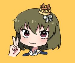 Rule 34 | 1girl, bow, brown eyes, commentary, crown hair ornament, disembodied hand, green eyes, hair between eyes, hair bow, idolmaster, idolmaster million live!, light blush, looking at viewer, short hair, smile, solo, striped bow, v, wing collar, yellow background, zushimari p