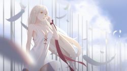 Rule 34 | 1girl, absurdres, bakemonogatari, bare shoulders, blonde hair, blue sky, breasts, collarbone, dress, feathers, hand in own hair, highres, j fang, kiss-shot acerola-orion heart-under-blade, long hair, looking at viewer, medium breasts, monogatari (series), open mouth, orange eyes, oshino shinobu, parted lips, pointy ears, sky, solo, standing, white dress, white feathers