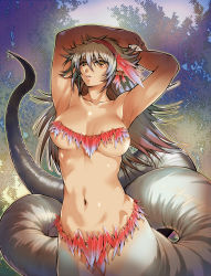 Rule 34 | 1girl, armpits, arms up, blush, breasts, feather hair ornament, feathers, feather hair ornament, hisahiko, lamia, large breasts, monster girl, navel, open mouth, original, pointy ears, silver hair, solo, tail, yellow eyes
