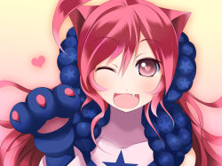 Rule 34 | 1girl, ahoge, animal ears, animal hands, artist request, cat ears, cat girl, cat paws, female focus, gradient background, hand fan, heart, long hair, one eye closed, red hair, sf-a2 miki, solo, star (symbol), symbol-shaped pupils, vocaloid, wink
