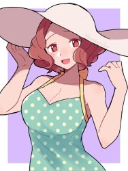 Rule 34 | 1girl, :d, alternate costume, blush, border, bow, breasts, brown eyes, brown hair, cleavage, do m kaeru, dress, female focus, forehead, hat, large breasts, looking at viewer, matching hair/eyes, okumura haru, one-piece swimsuit, open mouth, outside border, persona, persona 5, polka dot, polka dot dress, purple background, simple background, smile, solo, sun hat, swimsuit, twitter username, white hat, yellow bow
