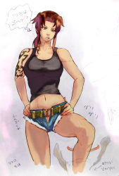 Rule 34 | 1girl, black lagoon, brown hair, female focus, navel, revy (black lagoon), shorts, sketch, solo, standing, tank top, tattoo, youken