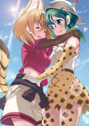 Rule 34 | 2girls, animal ears, bare shoulders, belt, black gloves, black jacket, blonde hair, blue eyes, blush, bow, bowtie, center frills, clothes around waist, commentary request, cosplay, costume switch, cowboy shot, elbow gloves, extra ears, closed eyes, frills, gloves, green hair, hat feather, helmet, high-waist skirt, highres, hug, jacket, jacket around waist, kaban (kemono friends), kanou aira, kemono friends, multiple girls, no legwear, pith helmet, print bow, print gloves, print legwear, print neckwear, print skirt, protected link, red shirt, serval (kemono friends), serval print, serval tail, shirt, short hair, short sleeves, shorts, skirt, sleeveless, t-shirt, tail, tears, thighhighs, white shirt, zettai ryouiki