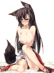 Rule 34 | 1girl, absurdres, animal ears, black hair, black panties, blush, breasts, bruise, clothes pull, dress, dress pull, grass, highres, ibuki notsu, imaizumi kagerou, injury, large breasts, long hair, nipples, off shoulder, panties, pantyshot, puffy nipples, red eyes, sitting, skirt, solo, tail, tears, topless, torn clothes, touhou, underwear, upskirt, wolf ears, wolf tail